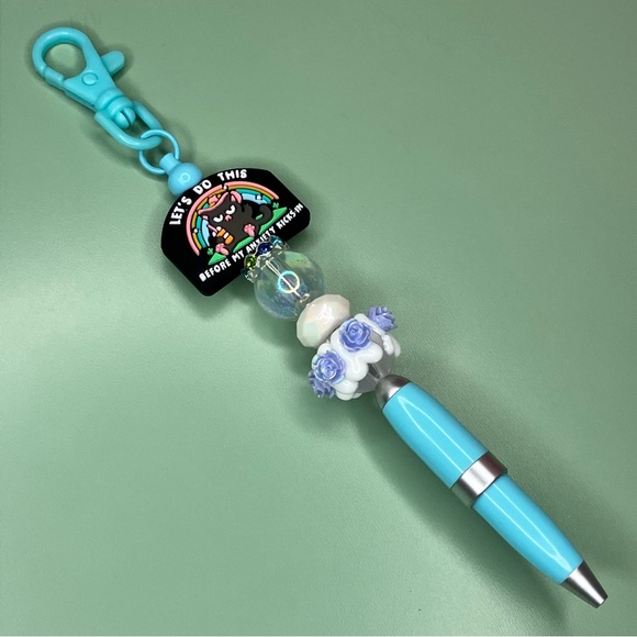 Cute Cat Anxiety Mental Health Floral Beaded Pen Keychain Handmade - Picture 3 of 4